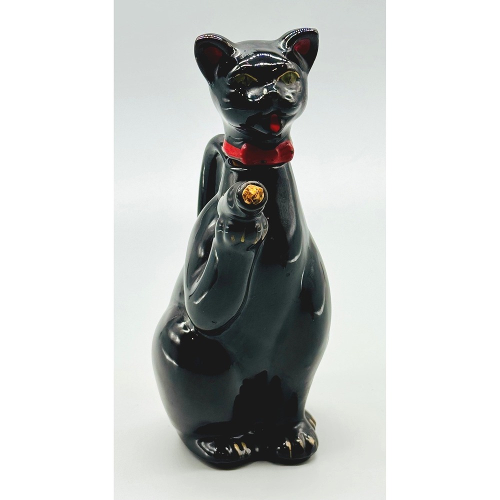 Vintage Ceramic Black Cat Decanter Cruet Red Bow Tie Mid Century 549 Japan